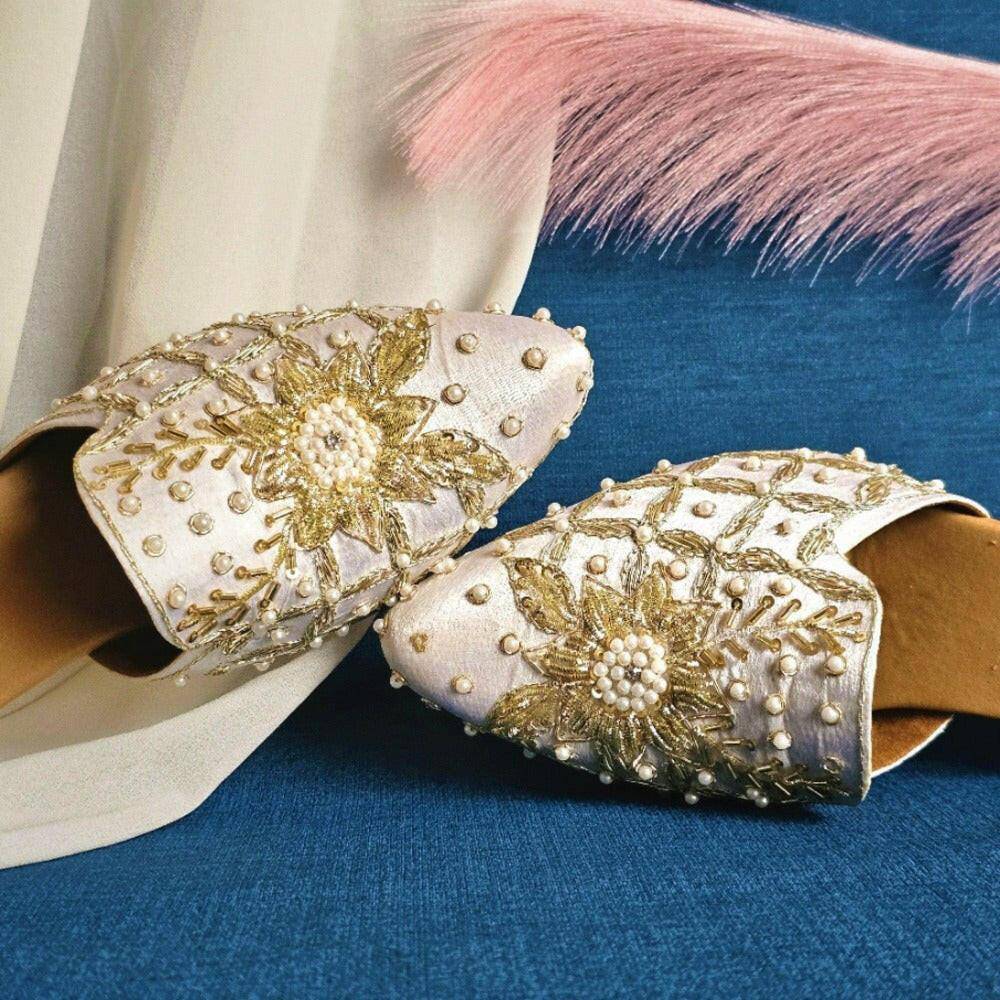 Swara - Off White Women's Bridal Bridal Heel Mules - Fancy Fab Jewels