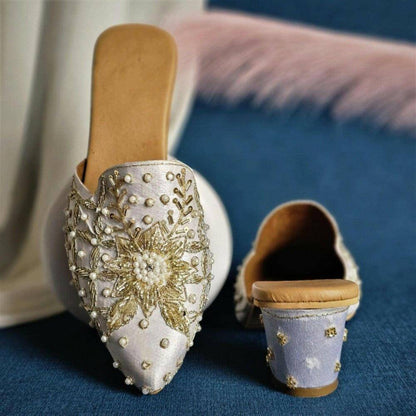 Swara - Off White Women's Bridal Bridal Heel Mules - Fancy Fab Jewels