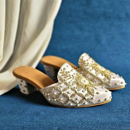 Swara - Off White Women's Bridal Bridal Heel Mules - Fancy Fab Jewels