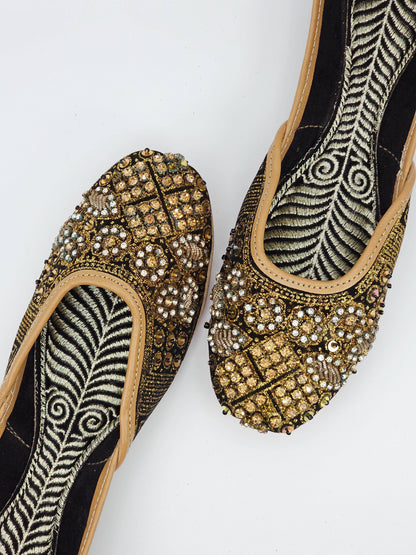 Zahra Black Gold Embroidered Bridal Juttis - Fancy Fab Jewels