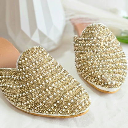 Aurora - Women's Golden Beige Bridal Bridal Heel Mules - Fancy Fab Jewels