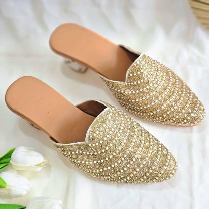 Aurora - Women's Golden Beige Bridal Bridal Heel Mules - Fancy Fab Jewels