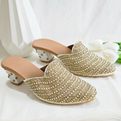 Aurora - Women's Golden Beige Bridal Bridal Heel Mules - Fancy Fab Jewels