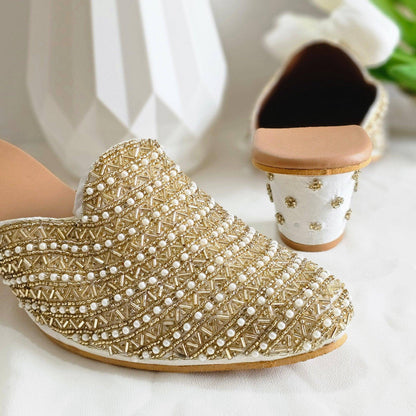 Aurora - Women's Golden Beige Bridal Bridal Heel Mules - Fancy Fab Jewels