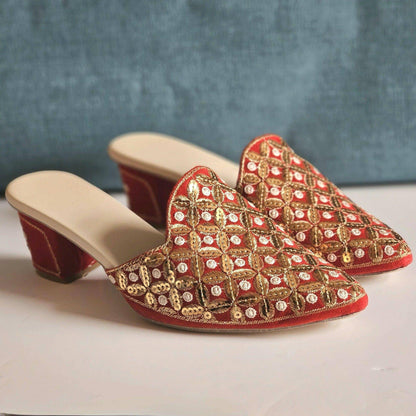 Tamanna - Women's Red Sequined Bridal Heel Mules - Fancy Fab Jewels