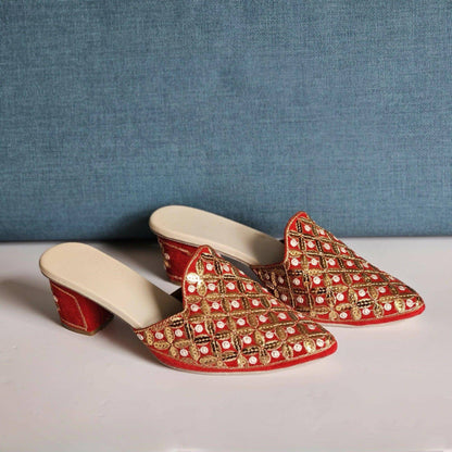 Tamanna - Women's Red Sequined Bridal Heel Mules - Fancy Fab Jewels