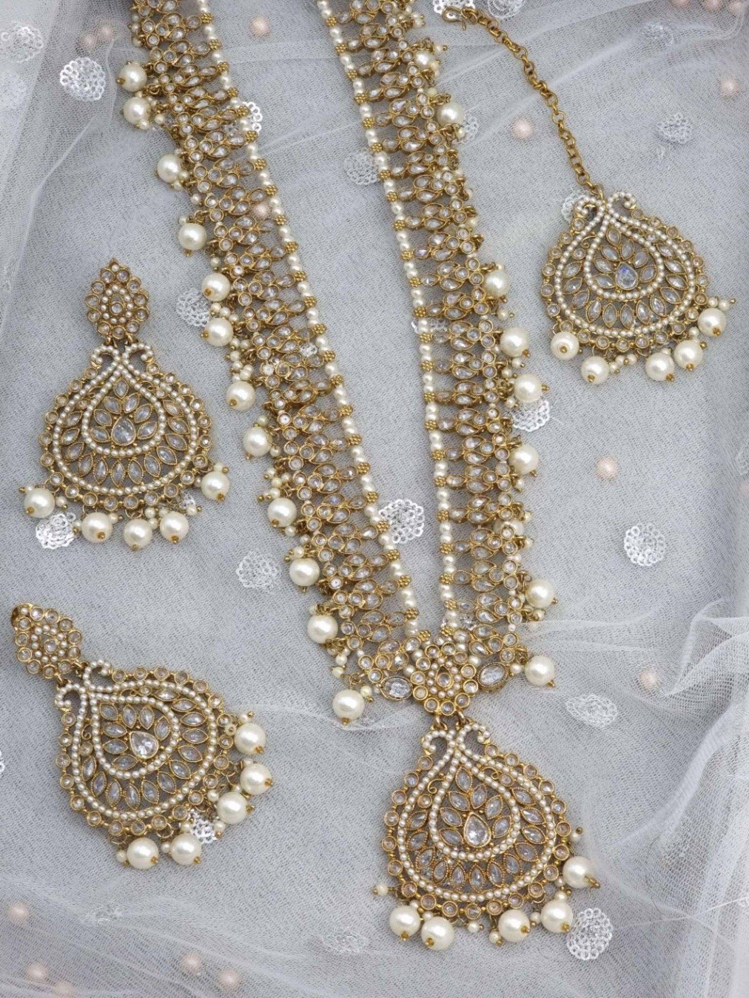 Manaya Antique Gold Polki Mala Necklace Set Clear - Fancy Fab Jewels