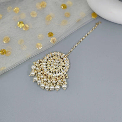 Gold Plated round shape Kundan Polki Maang Tikka - Fancy Fab Jewels