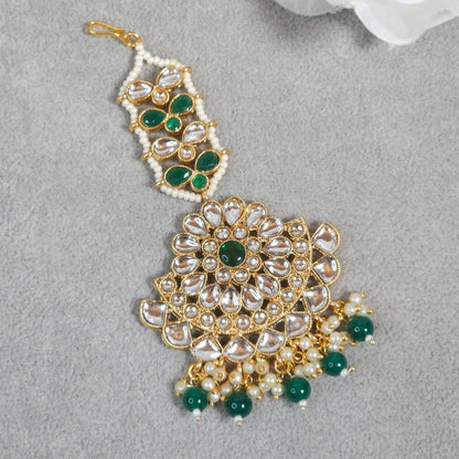 Layla Gold Plated Kundan Beaded Maang Tikka -Green - Fancy Fab Jewels