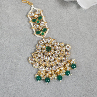 Layla Gold Plated Kundan Beaded Maang Tikka -Green - Fancy Fab Jewels