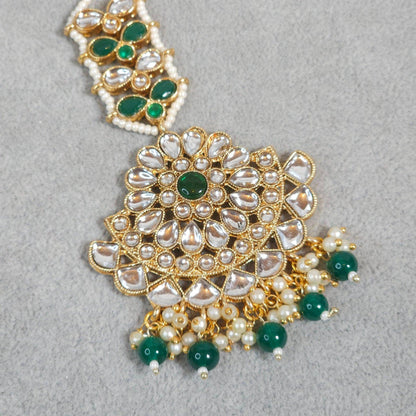 Layla Gold Plated Kundan Beaded Maang Tikka -Green - Fancy Fab Jewels