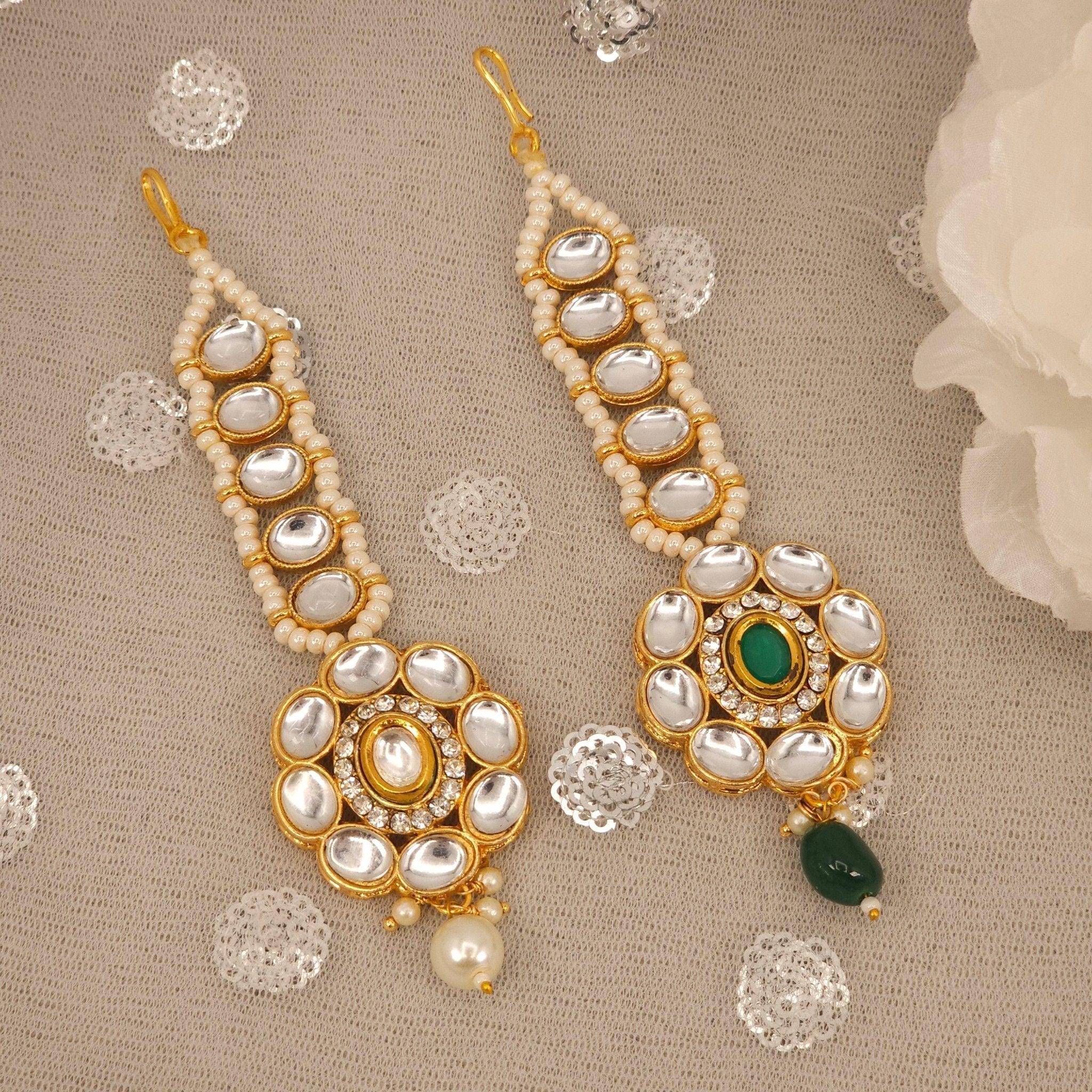 Amirah Gold Plated Kundan Beaded Maang Tikka -Green - Fancy Fab Jewels