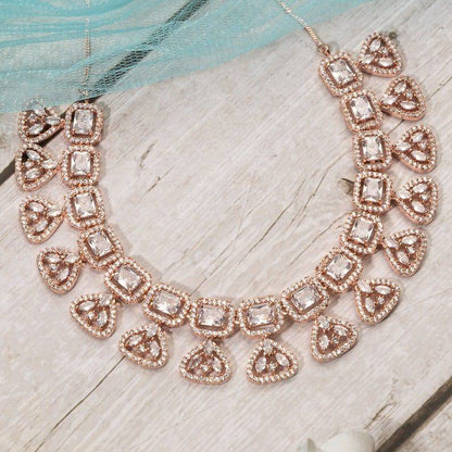 Hania- Rose Gold American Diamond CZ Necklace set - Fancy Fab Jewels