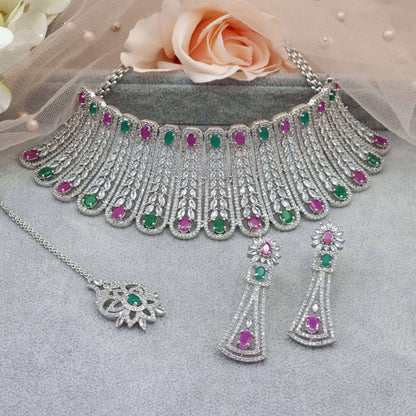 Sheena Bridal Choker Set Silver Ruby Green - Fancy Fab Jewels