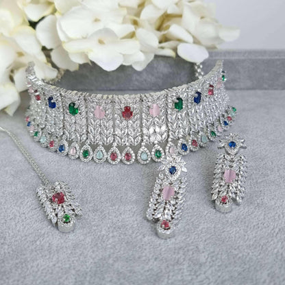 Simone Bridal Choker Set Silver Multi - Fancy Fab Jewels