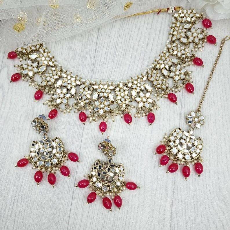 Zara Mirror Necklace Set - Hot Pink - Fancy Fab Jewels