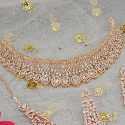 Alishba Rose Gold AD CZ Choker Necklace set - Fancy Fab Jewels