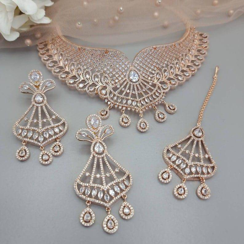 Harleen Rose Gold CZ Choker Necklace set - Fancy Fab Jewels