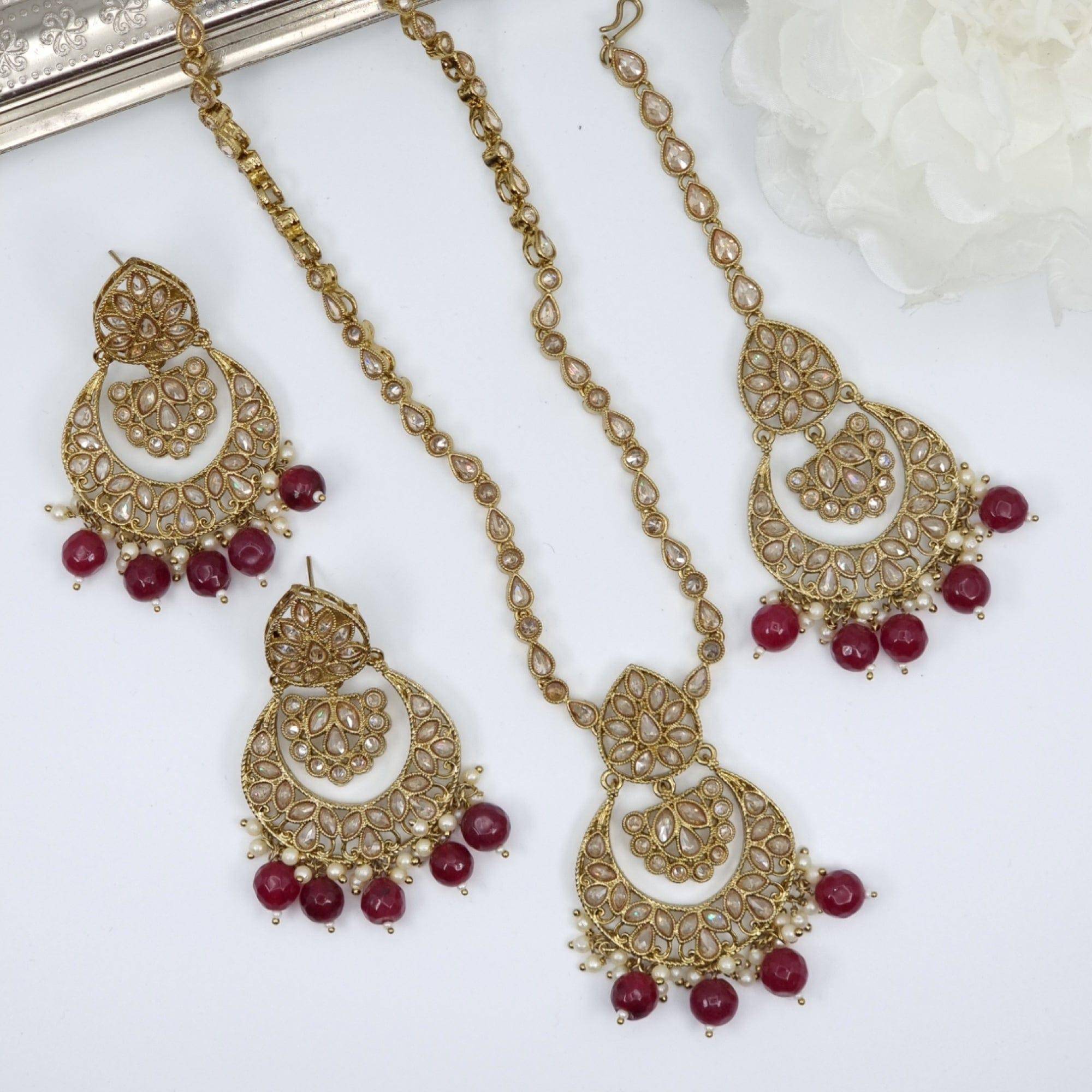 Malika Antique Gold Necklace Set - Maroon - Fancy Fab Jewels