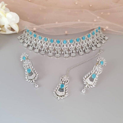 Pale Blue Silver American Diamond CZ Choker Necklace - Fancy Fab Jewels