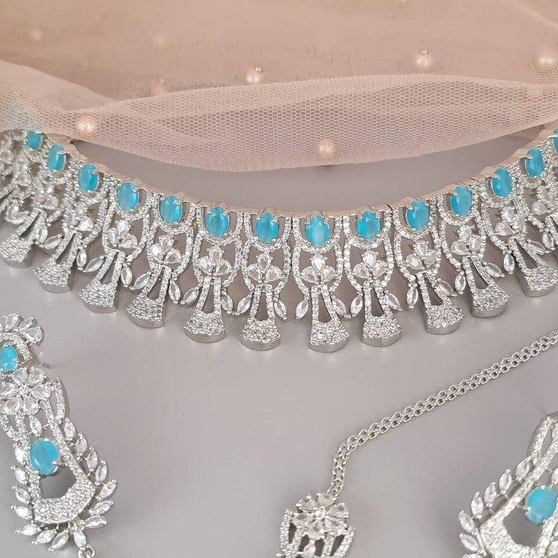 Pale Blue Silver American Diamond CZ Choker Necklace - Fancy Fab Jewels