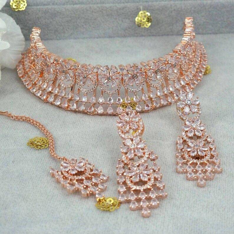 Rose Gold AD CZ Choker Necklace set - Fancy Fab Jewels