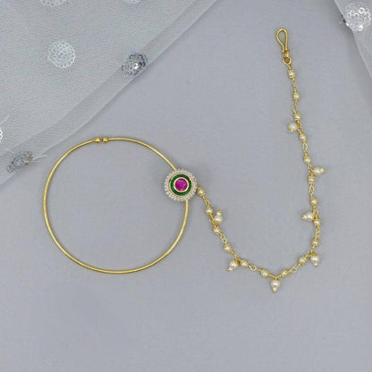 Gold plated Kundan Bridal Nose Ring with chain - Fancy Fab Jewels