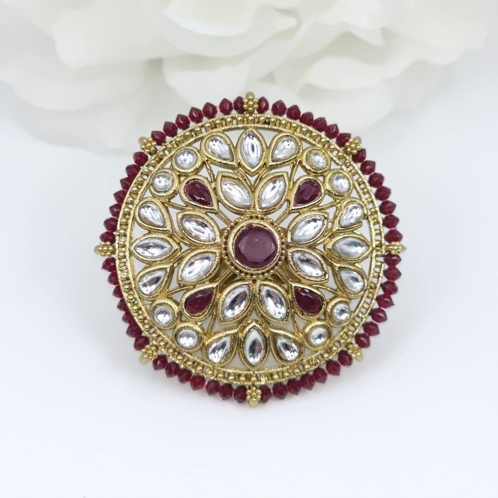 Kundan Mandala Statement Ring - Maroon - Fancy Fab Jewels