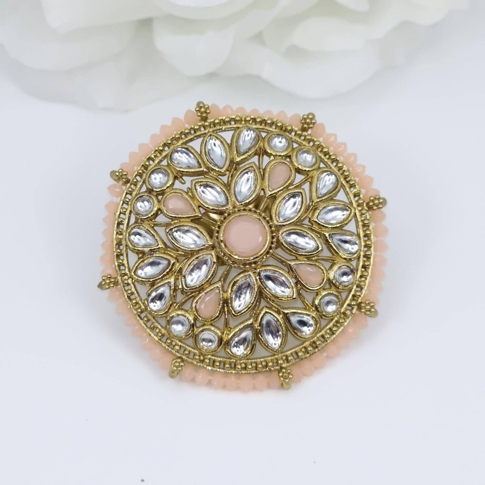 Kundan Mandala Statement Ring - Peach - Fancy Fab Jewels