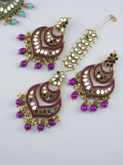 Antique Gold Mirror Chandbali Earrings Tikka Set - Fancy Fab Jewels