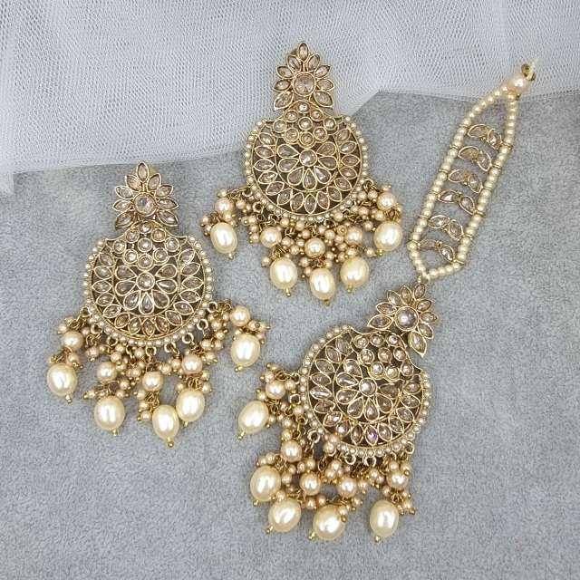 Antique Gold Polki Pearl Earrings Tikka Set - Fancy Fab Jewels