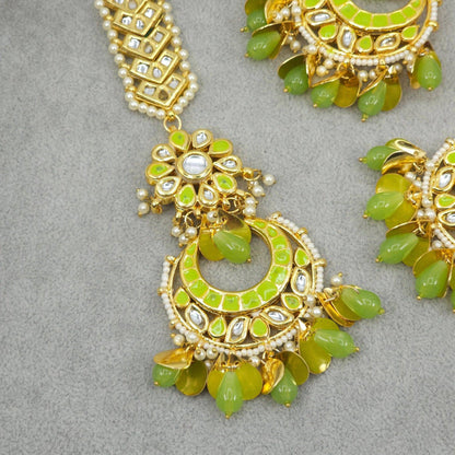 Lemon Green Kundan Pearl Chandbali Earrings Tikka Set - Fancy Fab Jewels