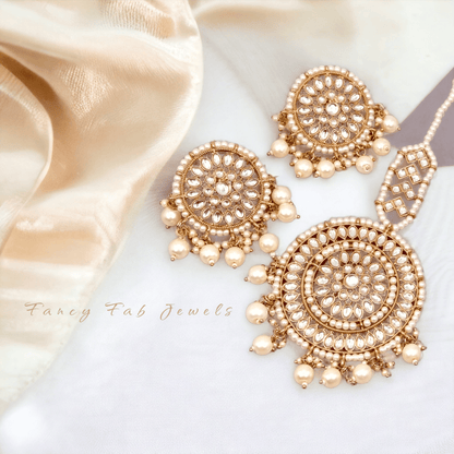 Simran Kundan Pearl Chandbali Earrings Tikka Set - Golden - Fancy Fab Jewels