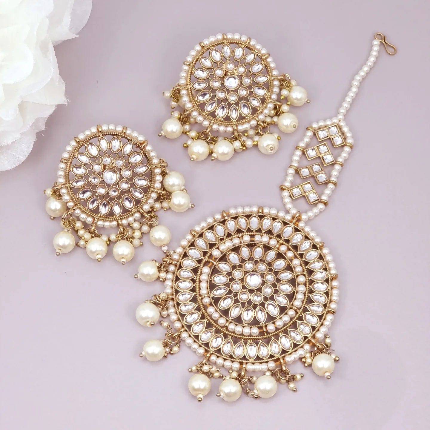 Simran Kundan Pearl Chandbali Earrings Tikka Set - Golden - Fancy Fab Jewels