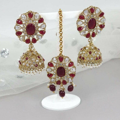 Sumbul Antique Gold Jhumki Tikka Set Maroon - Fancy Fab Jewels