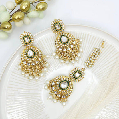 Faya Kundan Pearl Long Earrings Tikka Set - Fancy Fab Jewels