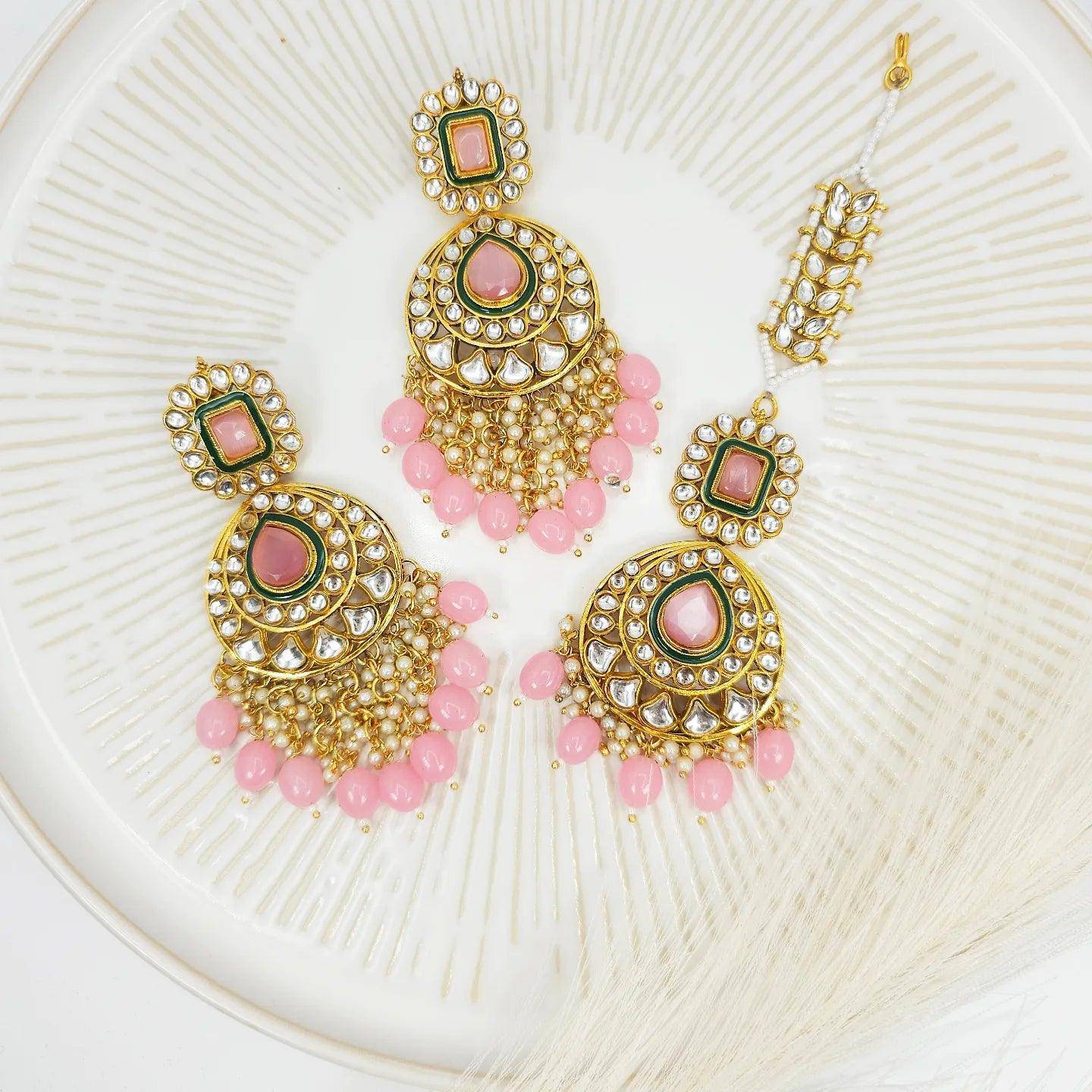 Faya Kundan Pearl Long Earrings Tikka Set - Fancy Fab Jewels