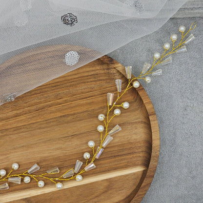 Gold Crystal Beads long Bridal Hairvine Hair Brooch Headpiece - Fancy Fab Jewels