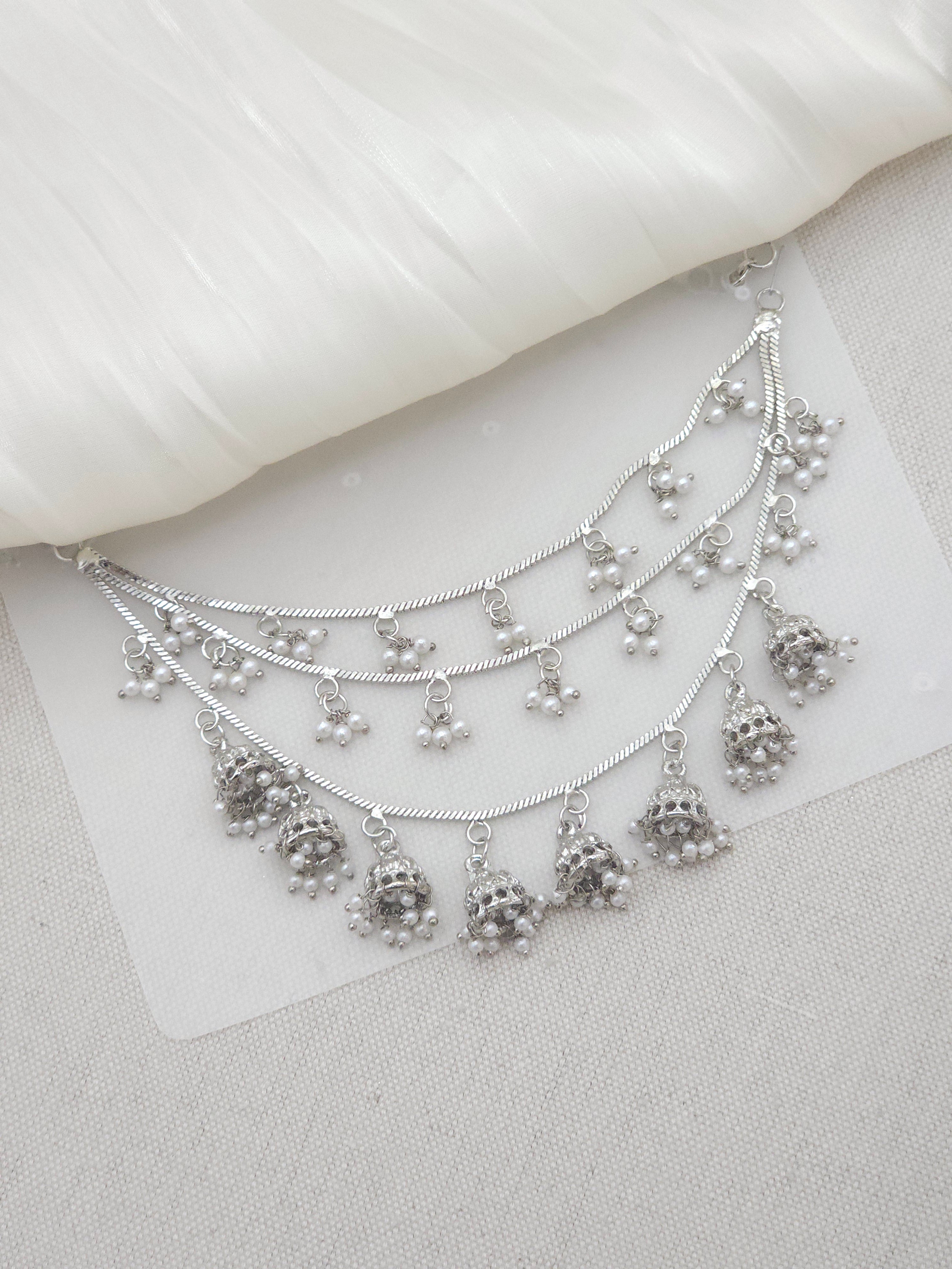 Nazneen: Silver Earring Chains with Bell Drop