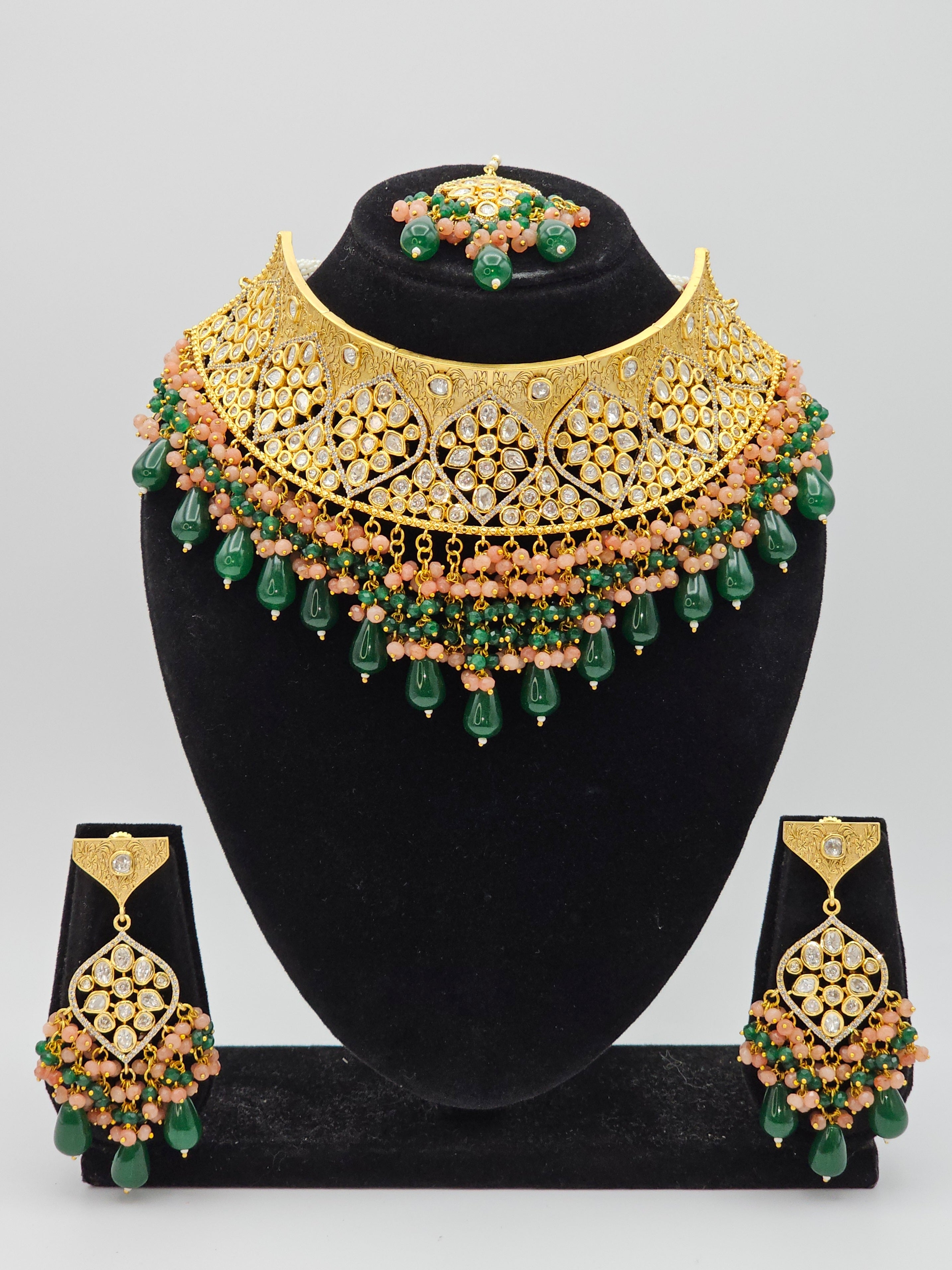 Reegal Premium Quality Paachi Kundan Choker Necklace Set - Green
