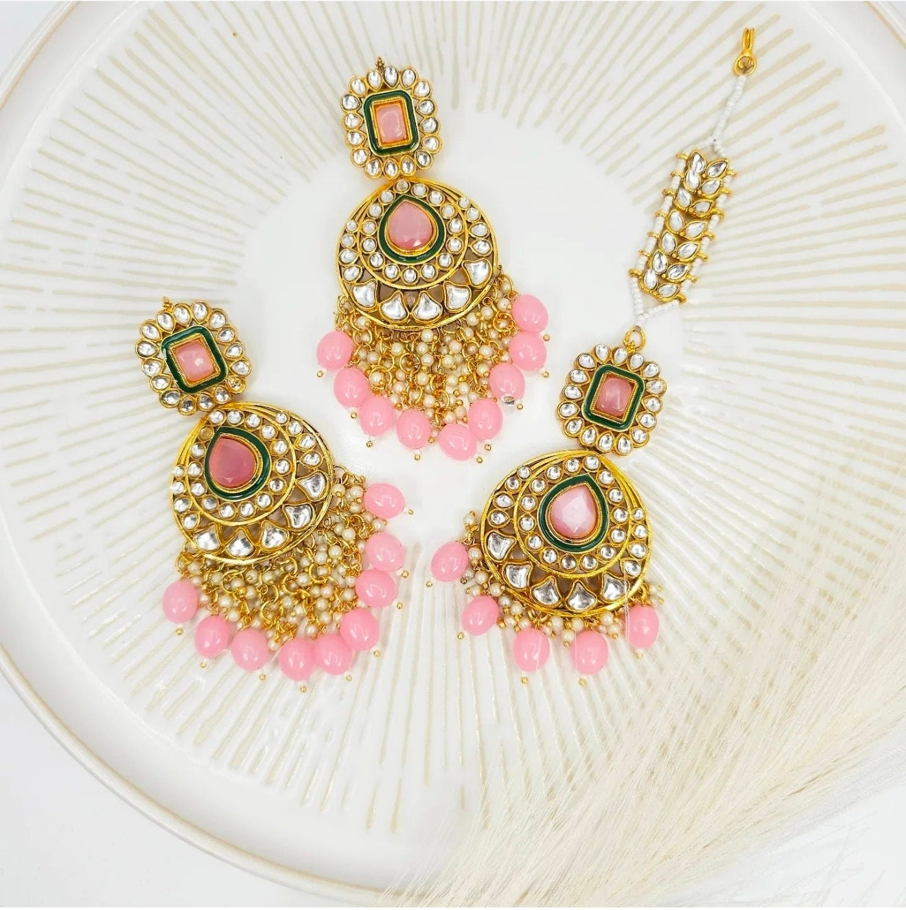 Faya Kundan Pearl Long Earrings Tikka Set