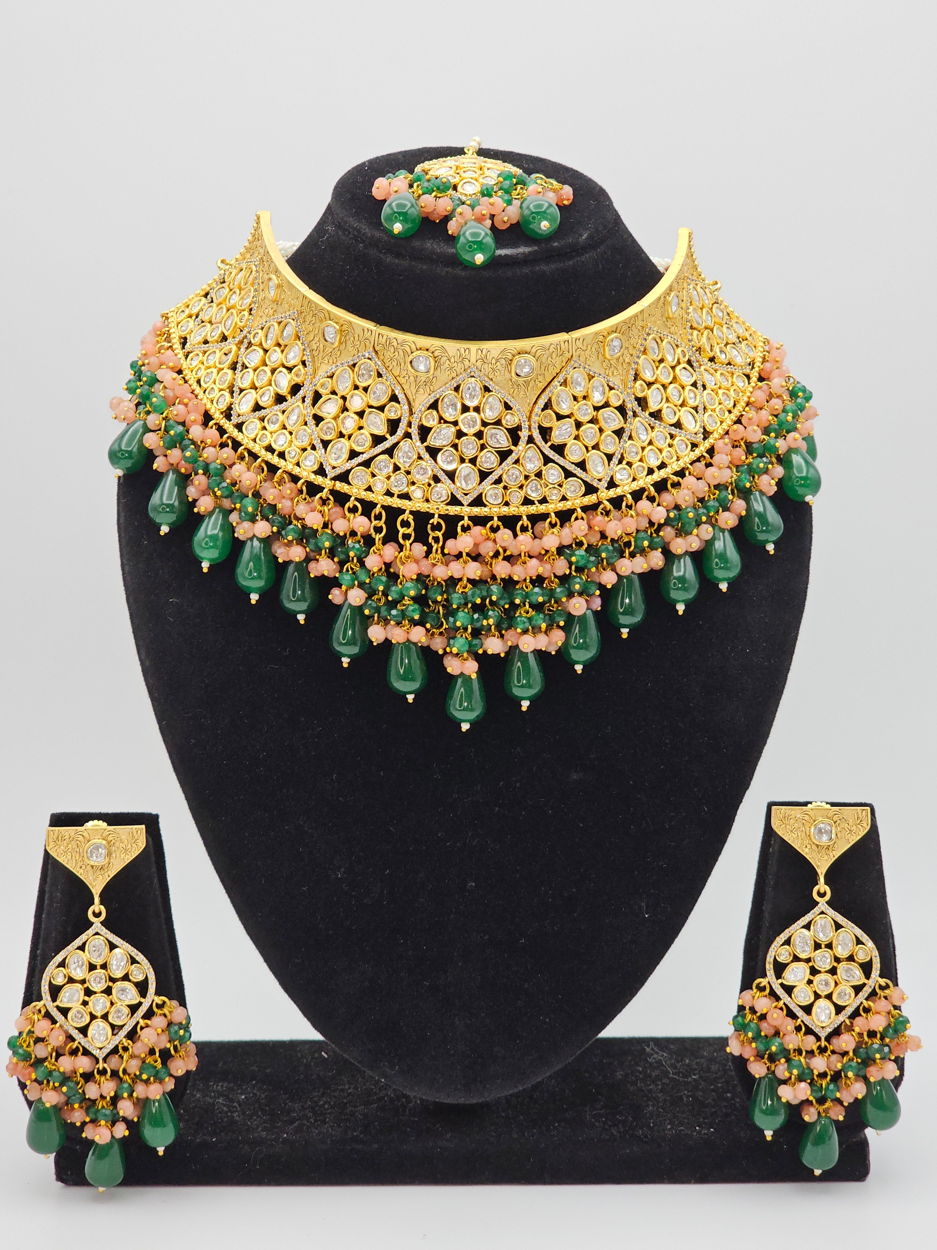 Reegal Premium Quality Paachi Kundan Choker Necklace Set - Green