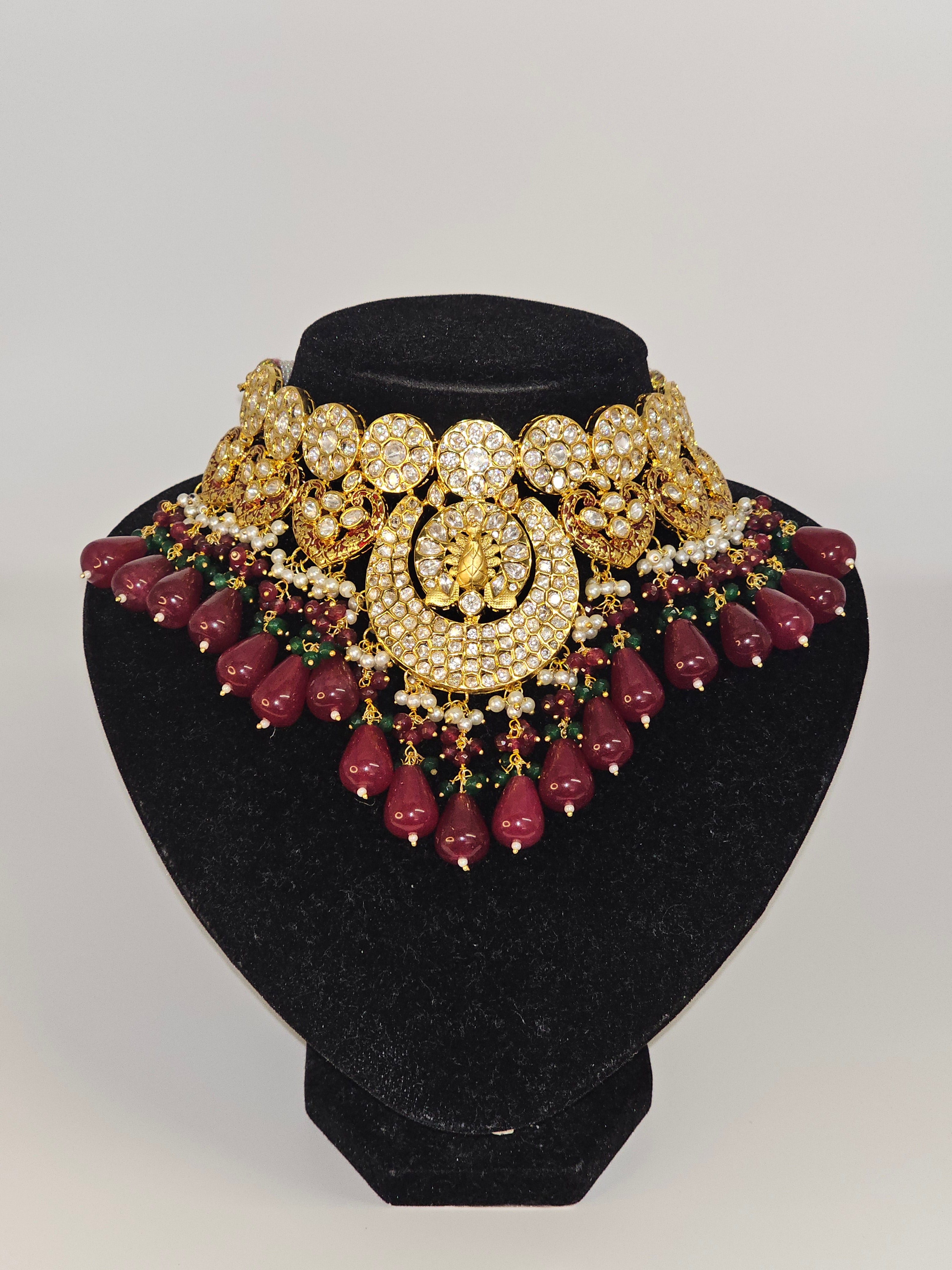 Maroon Gold Paachi Kundan Bridal Choker Necklace Set