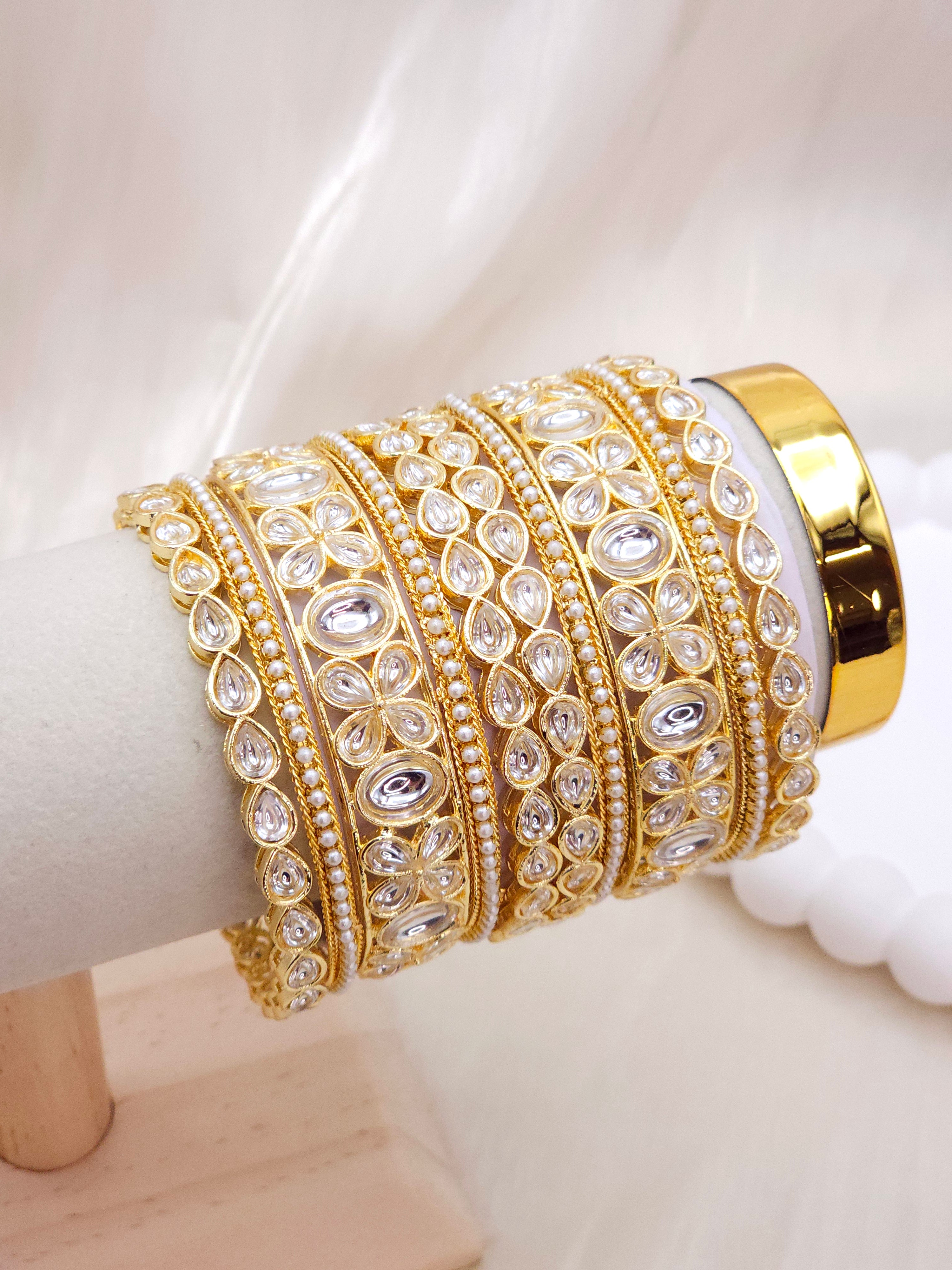 Pack of 10 Kundan Bangle set - Gold