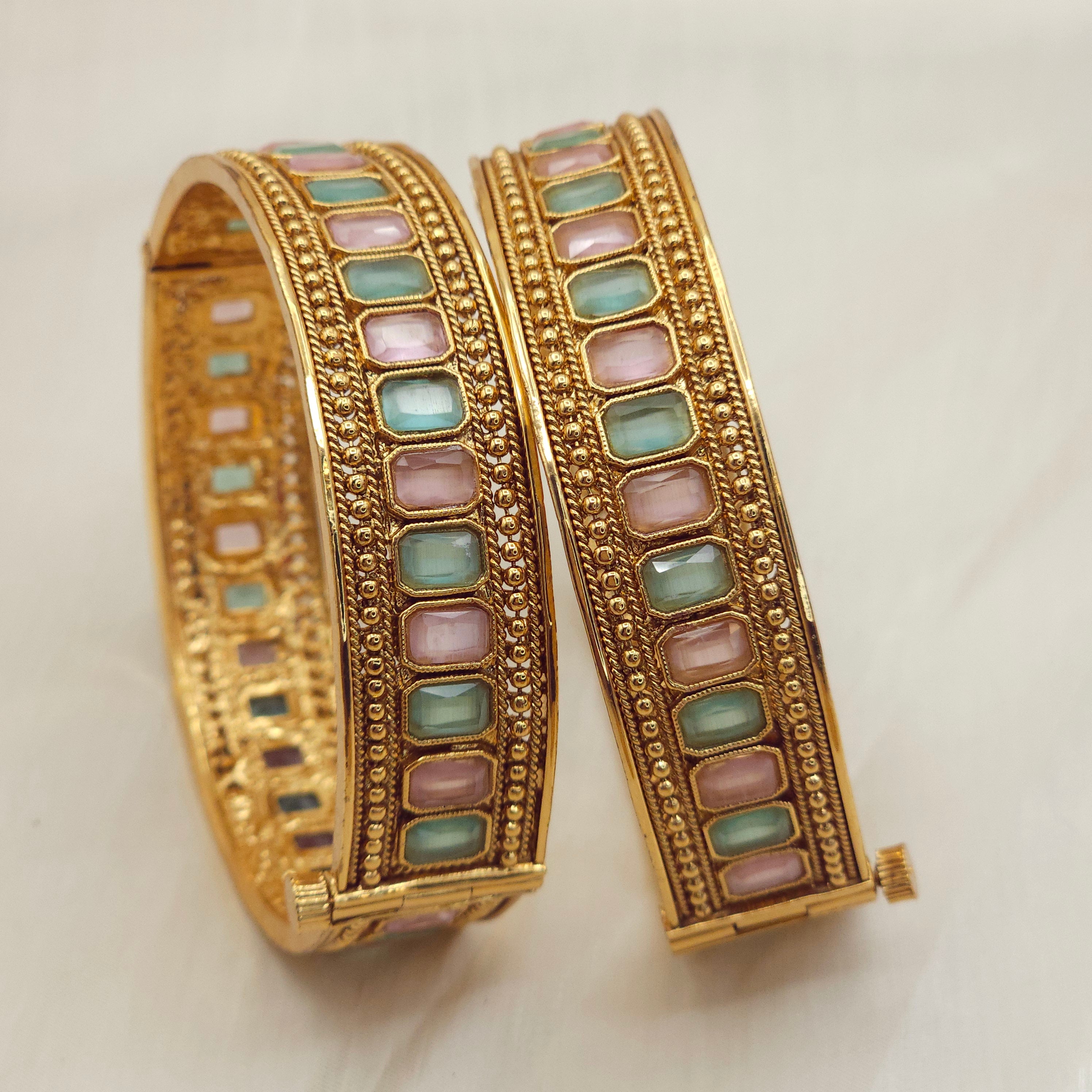 Gold Openable Bangle Set - Mint Pink