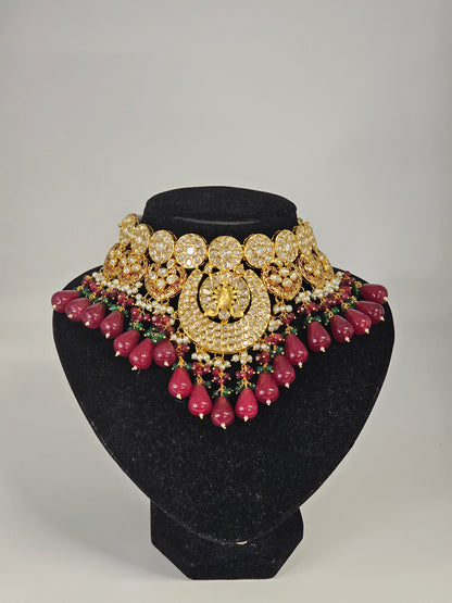 Maroon Gold Paachi Kundan Bridal Choker Necklace Set