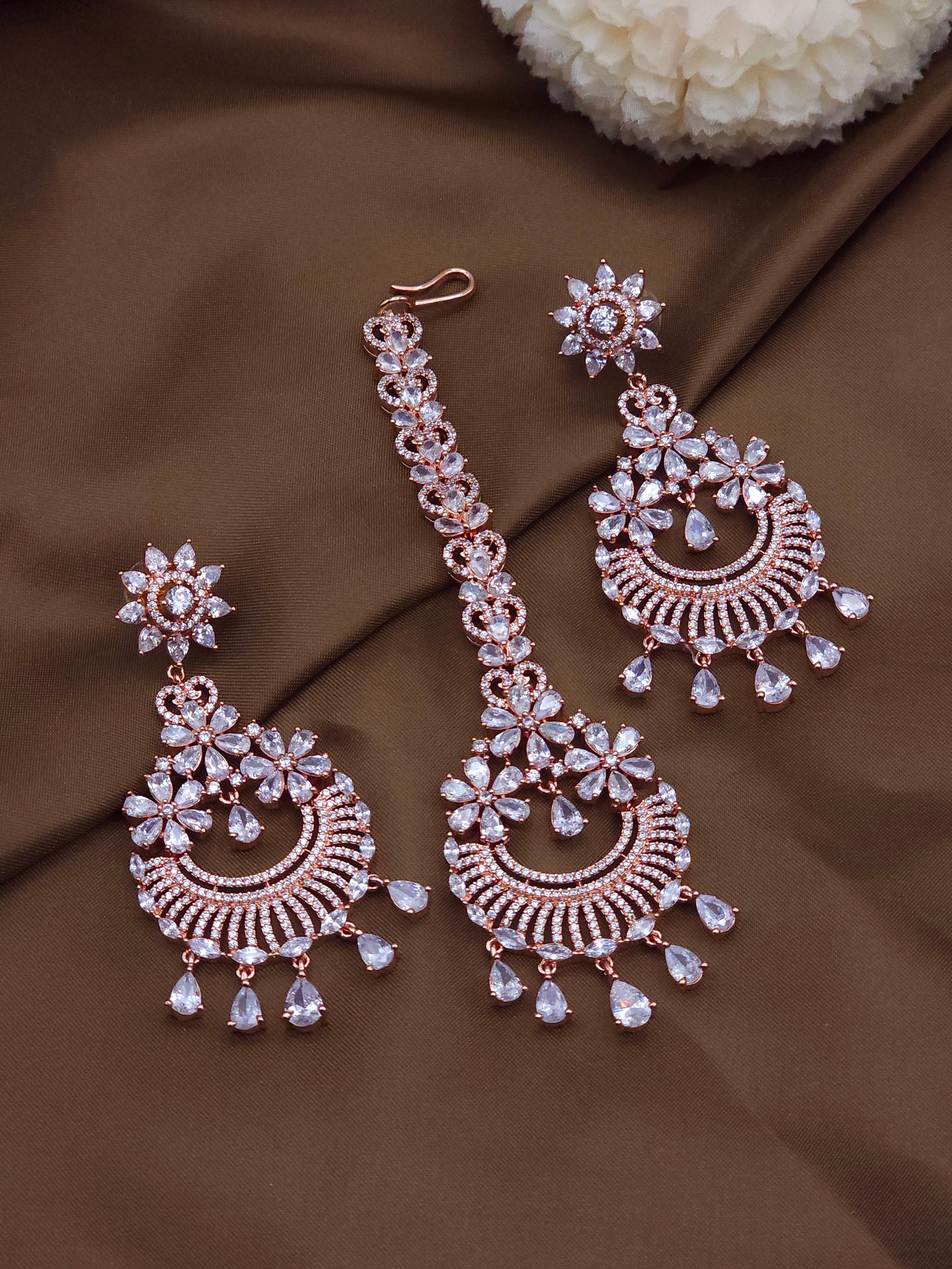 CZ Diamond Chandbali Earrings Tikka Set