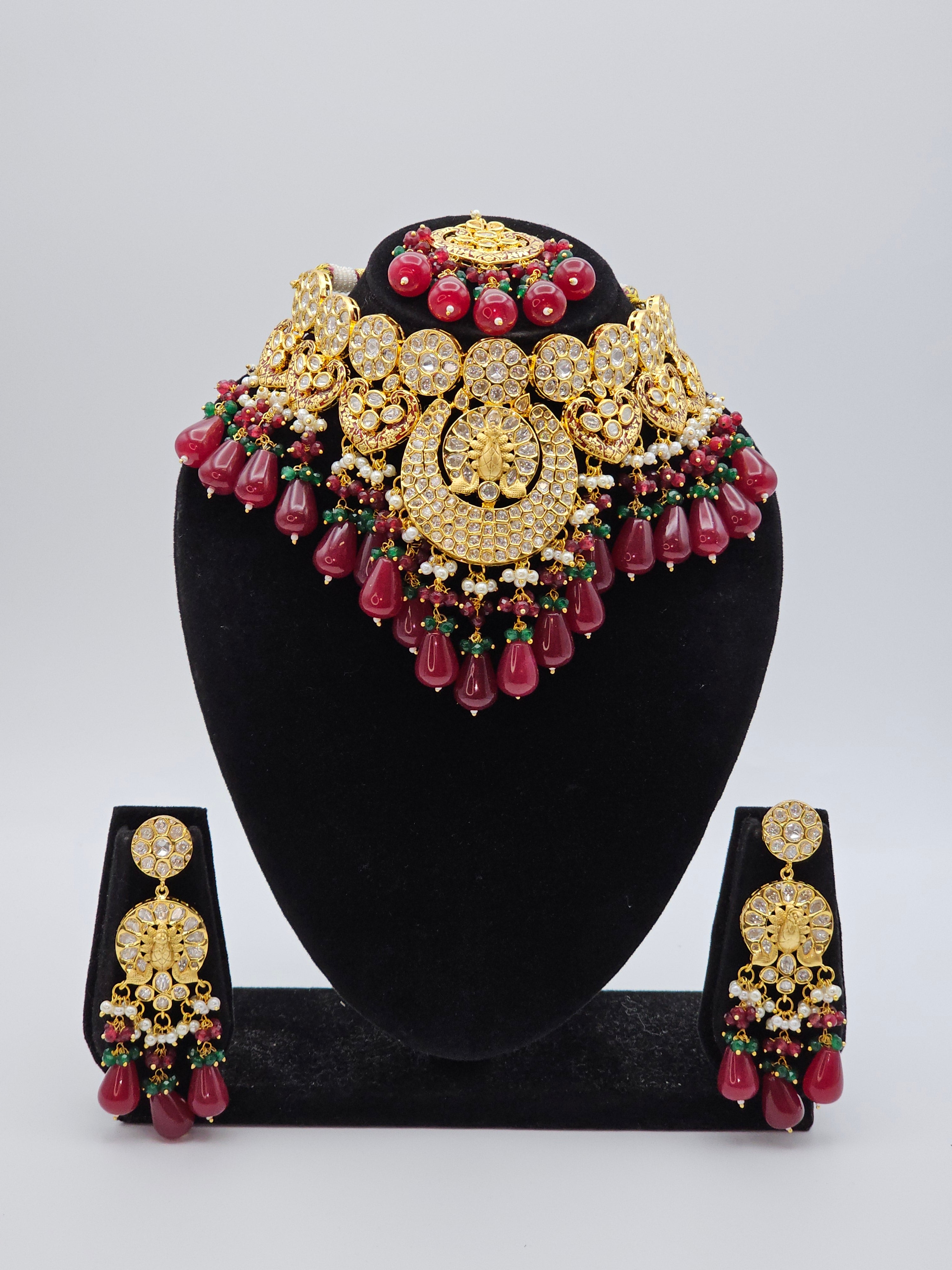 Maroon Gold Paachi Kundan Bridal Choker Necklace Set