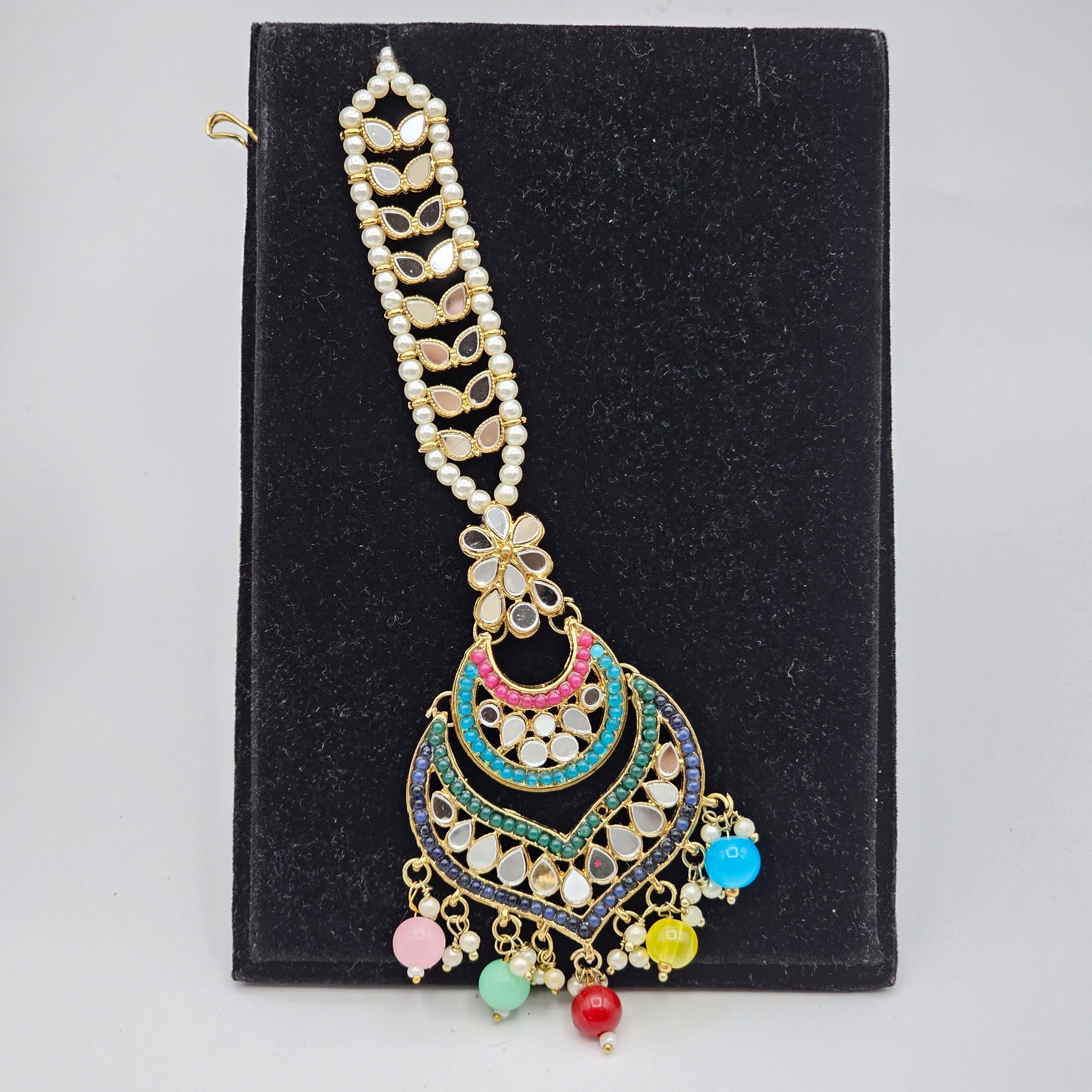 Priya Multicolor Mirror Choker Necklace Set - Gold