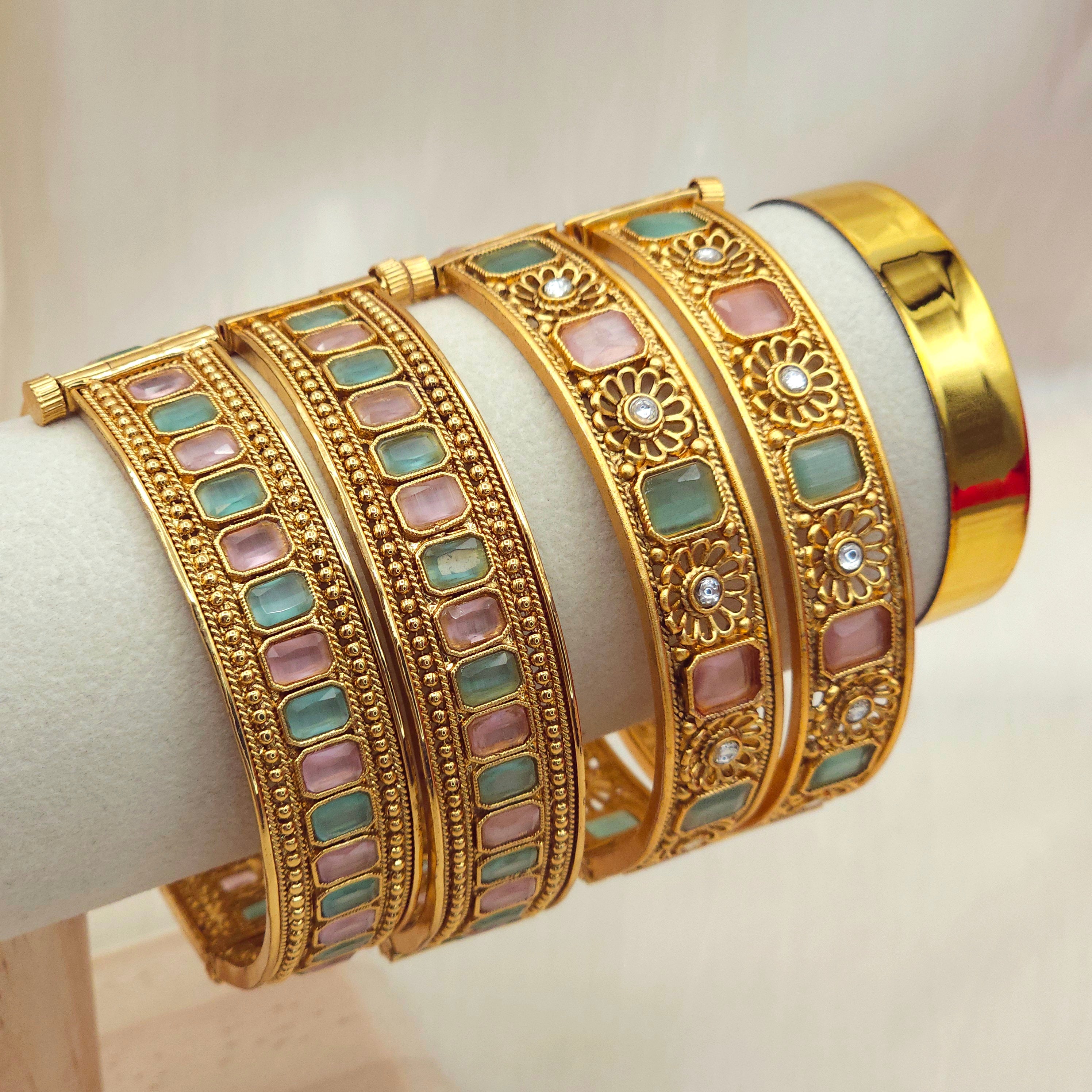 Gold Openable Bangle Set - Mint Pink